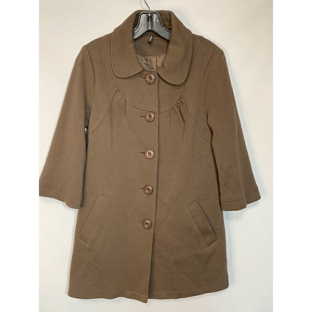 Ambition Womens Button Front Collared 3/4 Flared Sleeve Coat Brown Size Small